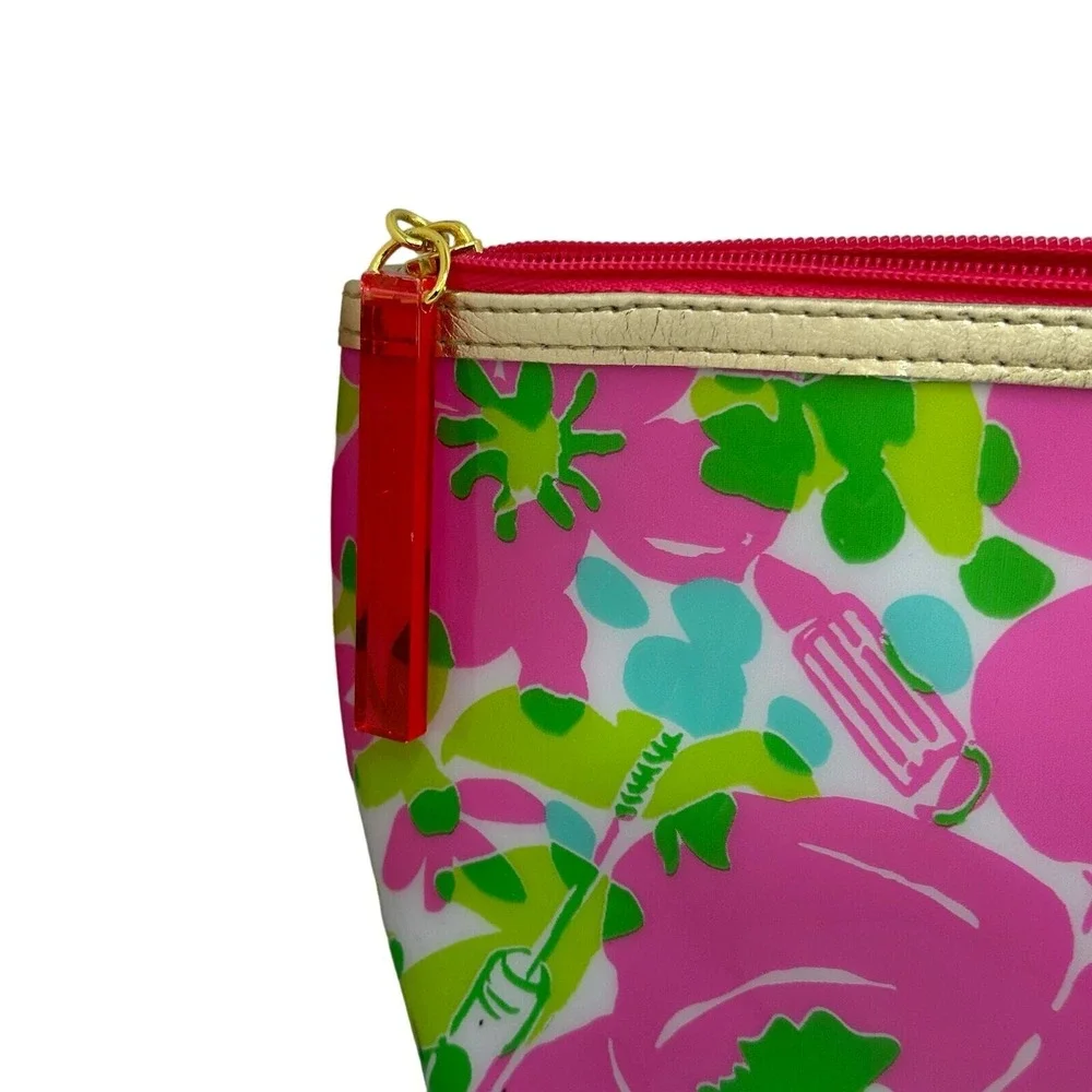Lilly Pulitzer Estee Lauder pink green floral print zip pouch makeup bag